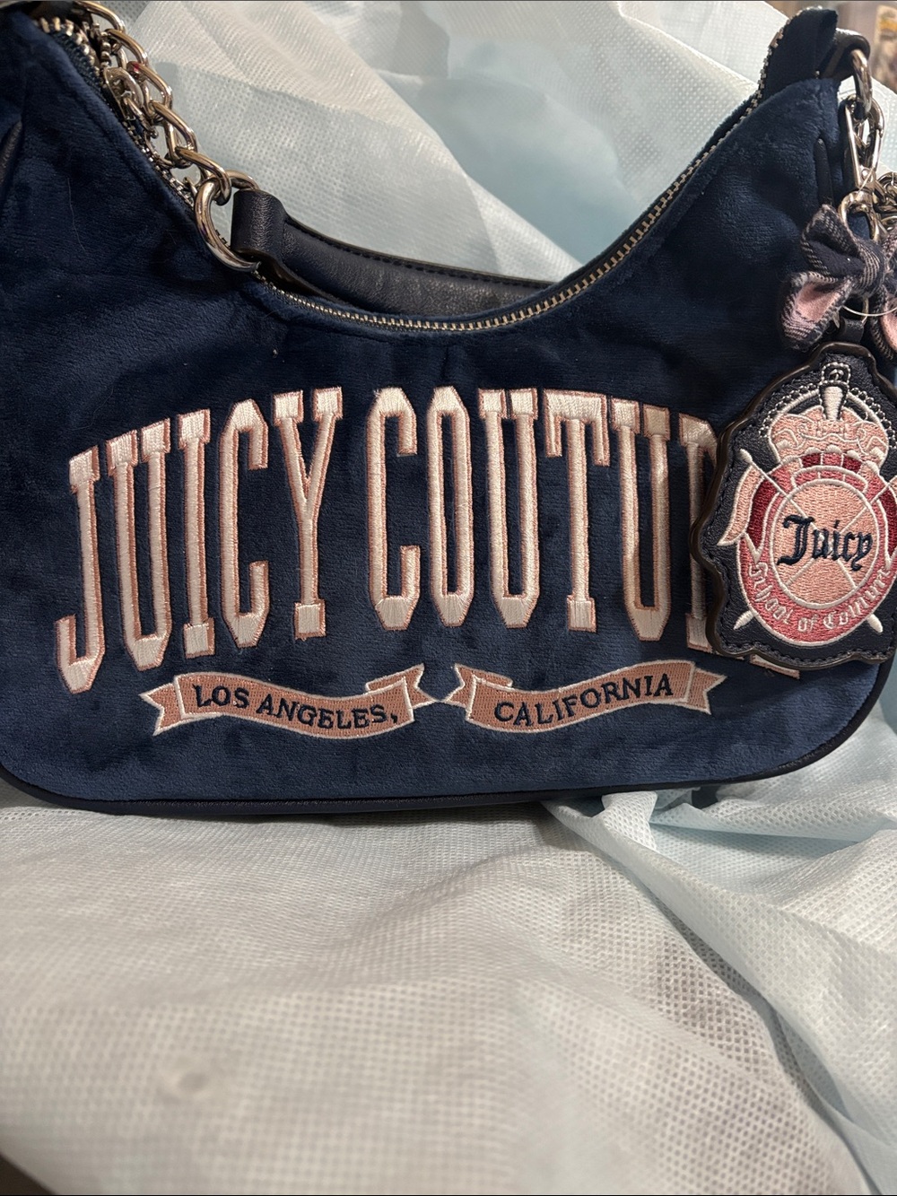 Juicy Couture Navy Suede Shoulder Bag with Blush Pink Embroidery